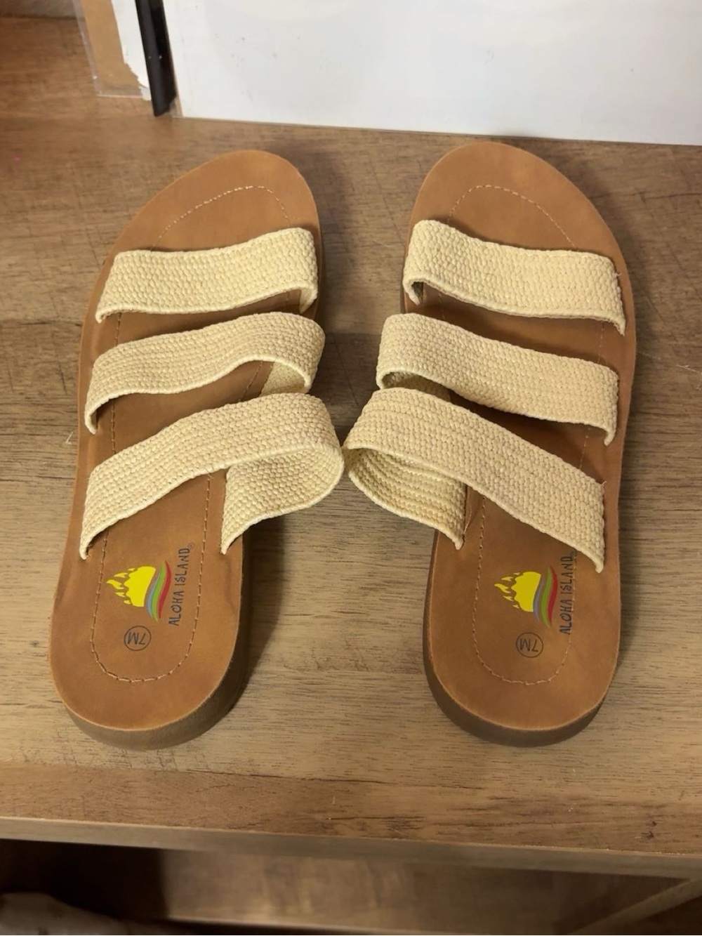 Aloha Island Women’s Tan Footbed Sandals with Cream Triple Straps
